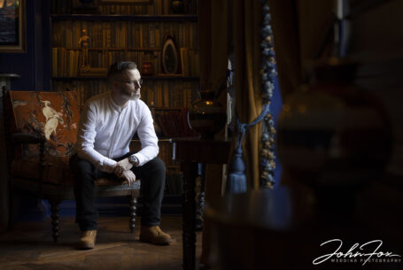 Inside Ansty Hall. Pre-wedding shoot image of the groom to be