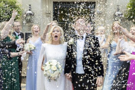 Perfect confetti shot with great reactions at Grantley Hall.