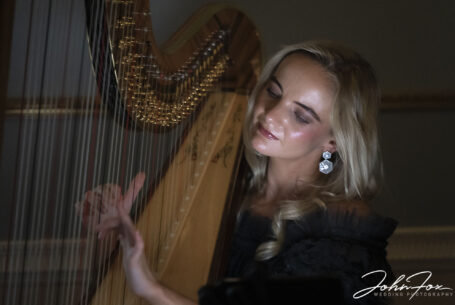 Harpist Soraya Vermeulen playing at Celia and Adam’s Grantley Hall Wedding.