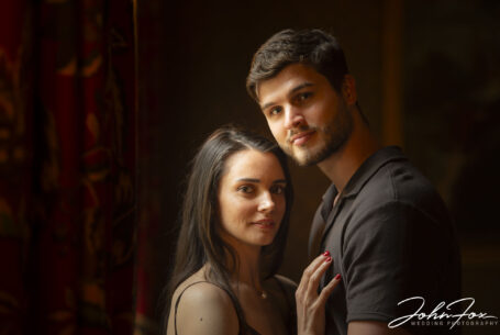 Couple photographed on their pre-wedding shoot indoors at Kilworth House. Image by John Fox Wedding Photography