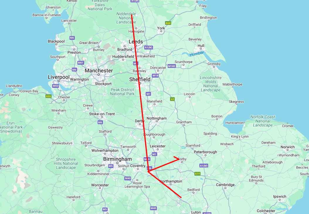Nationwide Wedding Photography - the week that John Fox Wedding Photography covered 500 miles. Image of a map of the UK with red lines showing John's journey.
