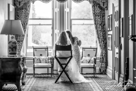Bridal preparations image in black and white at Kilworth House by John Fox Wedding Photography.