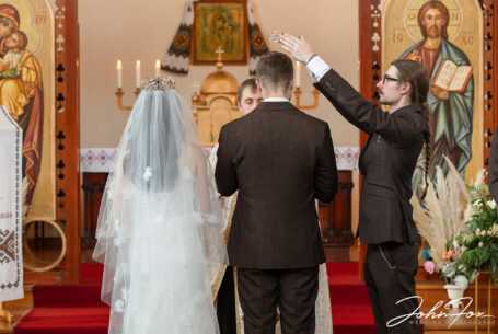 Wedding ceremony crowning of the groom in a Ukrainian Catholic church in Leicester.