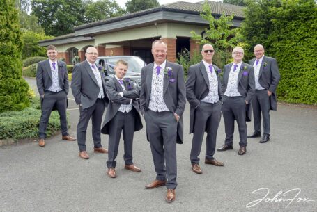 Groom and groomsmen outside Braunston Golf and Country Club
