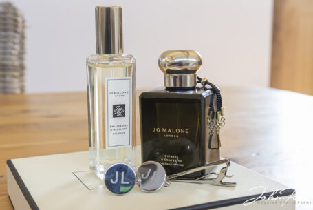 Grooms aftershave and cufflinks. Image by John Fox, Oxfordshire Wedding Photographer.