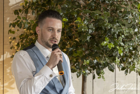 Wedding photographer Oxfordshire at Primrose Hill Farm. Bestman's speech, image by John Fox.