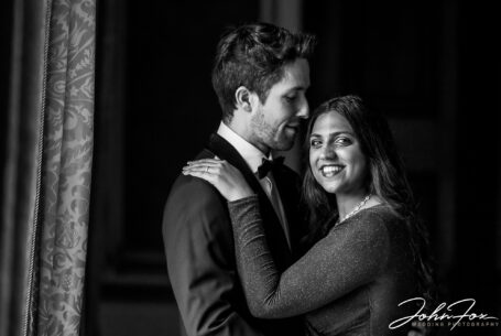 Jenna and Oliver’s pre-wedding shoot inside Ragley Hall, Warwickshire. Black and white image by John Fox Wedding Photography.