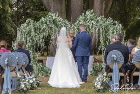 Outdoor wedding ceremony at Ansty Hall. Image by John Fox Wedding Photography.