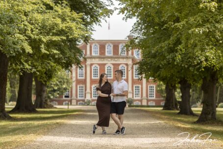 Grace and Elliott in the gardens at Chicheley Hall for their pre-wedding photo shoot