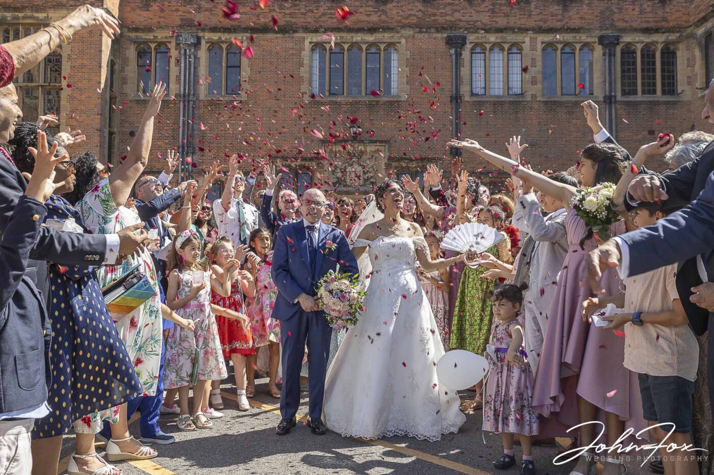 Confetti image at the front of Putteridge Hall for Nisha and Marco's wedding