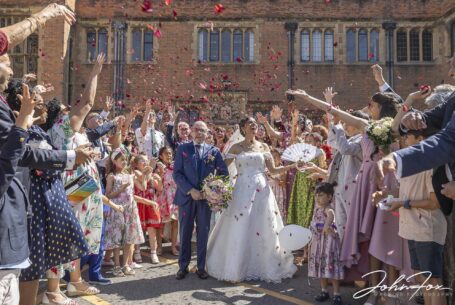 Confetti image at the front of Putteridge Hall for Nisha and Marco's wedding