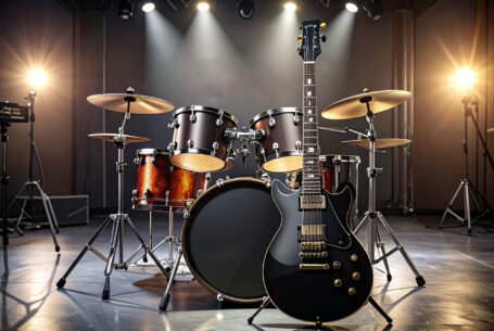A drum kit and a black guitar set up on a lit up stage. Help Planning Your Wedding Hints Tips and Advice – Suppliers