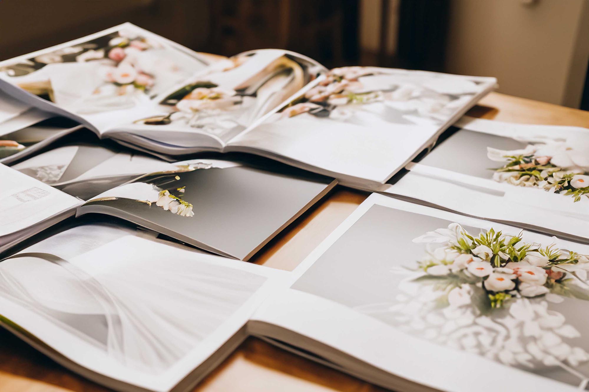 Help Planning Your Wedding- Picking the Perfect Suppliers. Wedding albums opened on a table decorated with flowers