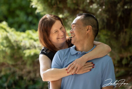 Couple on their pre-wedding shoot in the gardens of Hadley Park Hotel. Image by John Fox Wedding Photography.