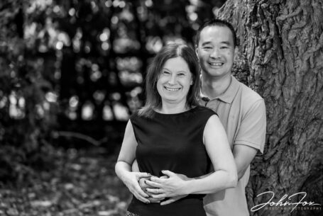 Black and white image of Rebecca and Son on their pre-wedding shoot in the gardens of Hadley Park Hotel