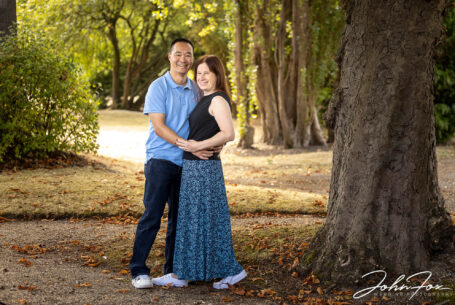 Couple on their pre-wedding shoot in the gardens of Hadley Park Hotel. Photo by John Fox Wedding Photography