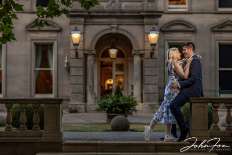 Emma and Daniel on a pre-wedding shoot in front of Kilworth House