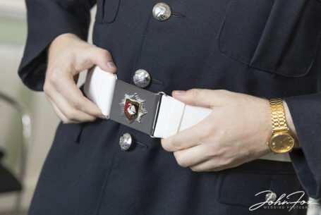 Elliot wearing his ceremonial uniform for his wedding at Chicheley Hall in Buckinghamshire