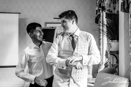 Daniel the Groom and one of his groomsmen preparing for the wedding at Kilworth House