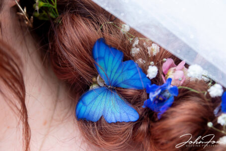 Close up of the Bride's hair style with butterflies. Wedding Photographer in Leicester.