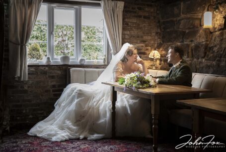 Sarah and Lewis having a quiet moment at The Peel Arms, where they first dated.