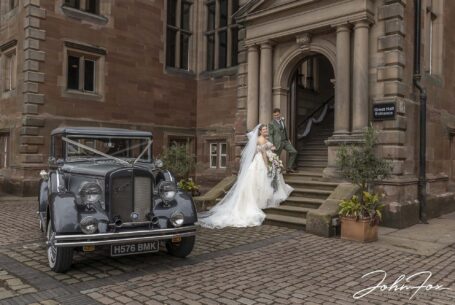 Sarah and Lewis at the entrance to Keele Hall in Staffordshire.