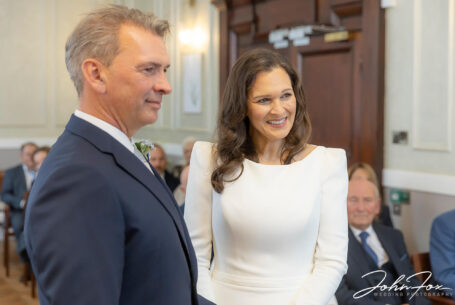 Amanda and Alex at their wedding ceremony at Chelsea Registry Office.