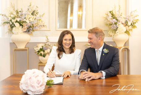 Bride and groom in Chelsea Registry Office signing the register