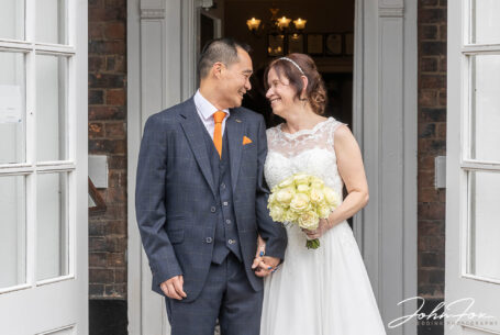 The newly-weds, Rebecca and Son outside the entrance to Hadley Park House in Telford