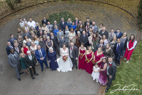Wedding group shot using a drone at the Holiday Inn East in Milton Keynes