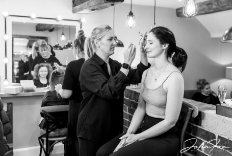 Bridal preparations. Make up being applied for Joanne. Wedding Photography at The Ashes Barns in Staffordshire