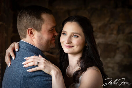 Bride and groom portrait at The Ashes Barns in Staffordshire. An intimate moment for Joanne and James