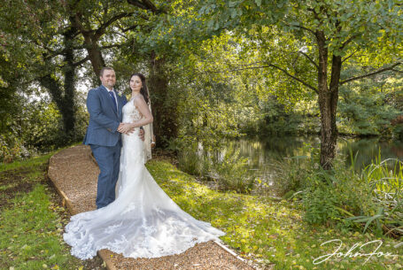 Joanne and James in the grounds at The Ashes Barns in Staffordshire on their wedding day