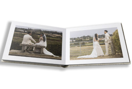 Zoe and Kai sitting on a bench together and another image of them standing at a field gate in the grounds of Fentham Hall.