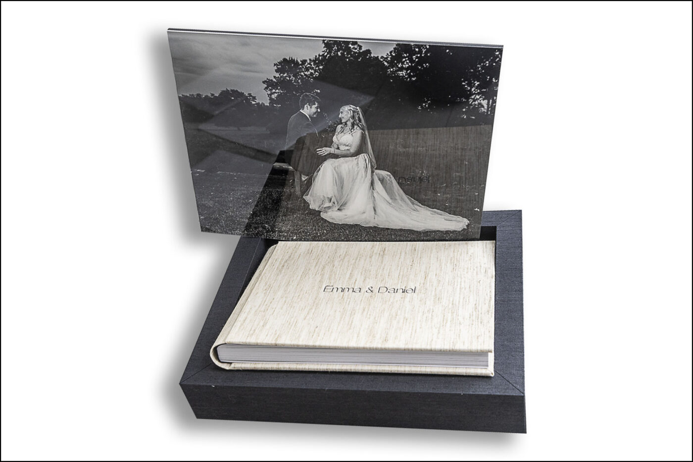 Image of Emma and Daniel’s Wedding Album and its presentation box. Part of the John Fox Wedding Photography package.