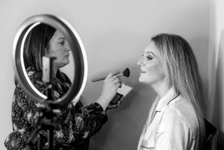 Bridal preparations: Tanya having her make-up applied for her Cambridgeshire wedding