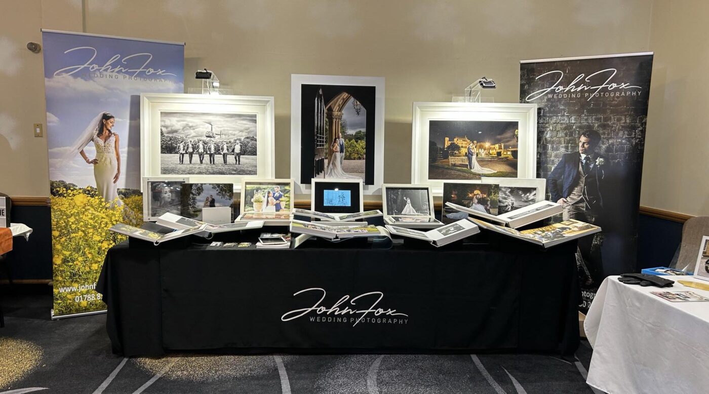 John Fox's stand at the Hilton Hotel Northampton's Wedding Show 2025. Trusted Wedding Photography near you in Northamptonshire.
