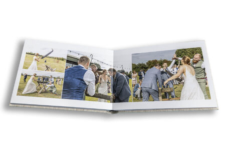 Wedding album images of Charlotte and Stefan’s outdoor wedding celebrations at the Tractor Barn in Northamptonshire
