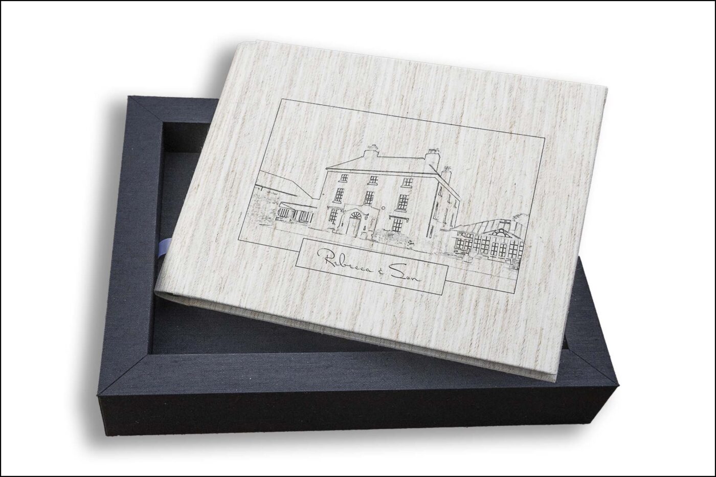 Rebecca and Son’s Hadley Park House Wedding Album with a line sketch of the venue on the front cover. Wedding Packages in Shropshire from John Fox Wedding Photography.