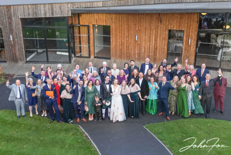 Wedding group shot taken with a drone at Sophie and Jack's Hothorpe Hall wedding.