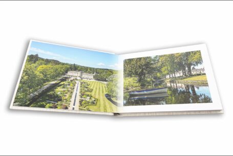 Wedding album page design showing an aerial image of Grantley Hall, North Yorkshire