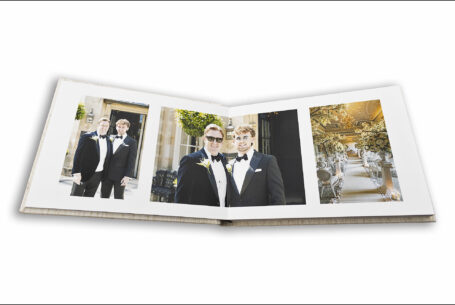 Wedding album page design showing groom Adam and his best man at Grantley Hall, North Yorkshire