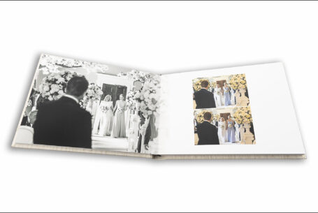 Wedding album images (colour and black and white) by John Fox of Celia walking up the aisle at her Wedding at Grantley Hall, North Yorkshire