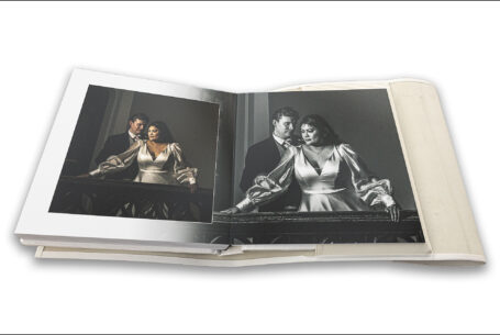 Wedding album showing images of the bride and groom. Creative wedding album design by John Fox Wedding Photography