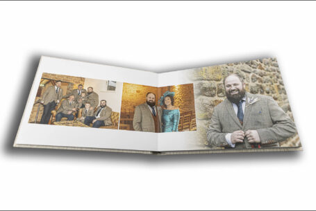 Abigail and Daniel’s Dodford Manor Wedding Album opened at pages showing images of the groom