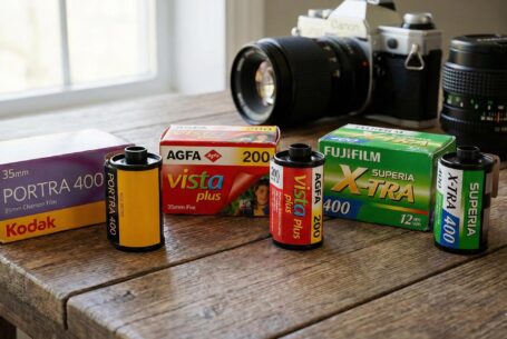 John's Professional Wedding Photographer equipment with 35mm film in the foreground