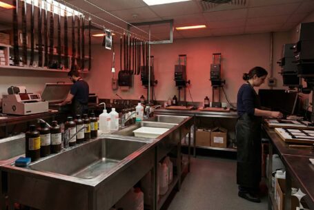 A dark room for processing film. From Darkroom Prints to Digital Perfection an article by John Fox