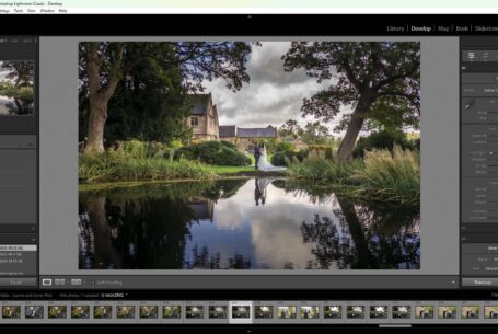 Outdoor wedding photo being processed in Adobe Lightroom