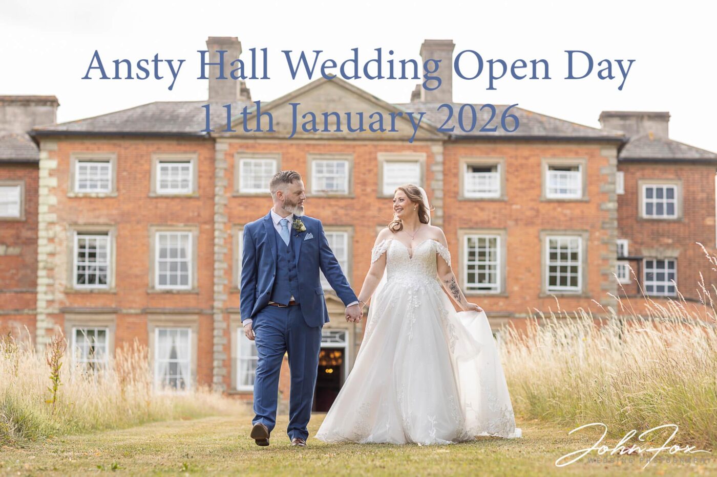 A newly-wedded couple photographed outside Ansty Hall near Coventry by John Fox. Meet him at the Wedding Open Day at Ansty Hall in Warwickshire on January 11th 2026