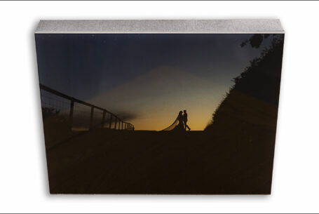Wedding album box with acrylic lid and award-winning evening sky image. Wedding Photographer Cotswolds - Kingscote Barn